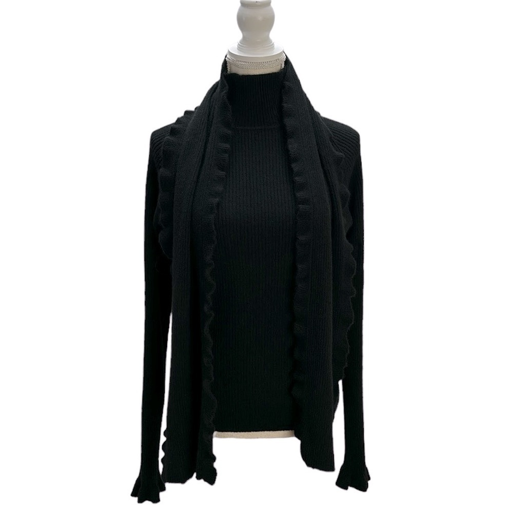 Worthington Black Ribbed Cashmere Sweater With Scarf Set XL Ruffle Detail Office